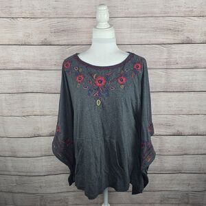 Johnny Was Embroidered Floral Poncho Top Tunic Grey Small Kimono Sleeve Boho